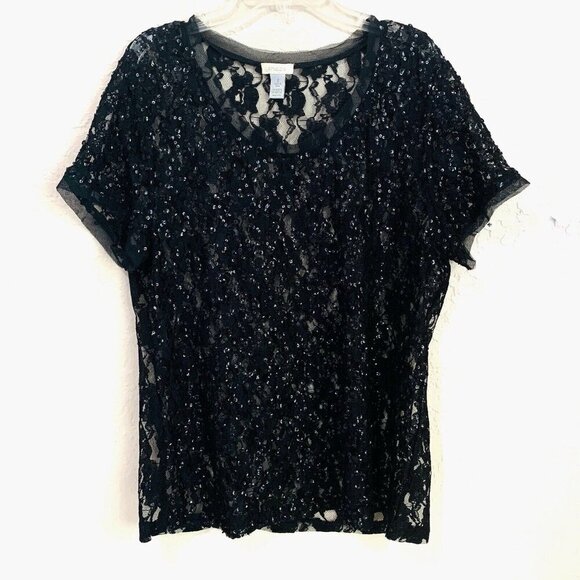 Chico's Sequin Lace Top Womens Large Black Short Sleeve Sheer Romantic Holiday - Picture 1 of 11